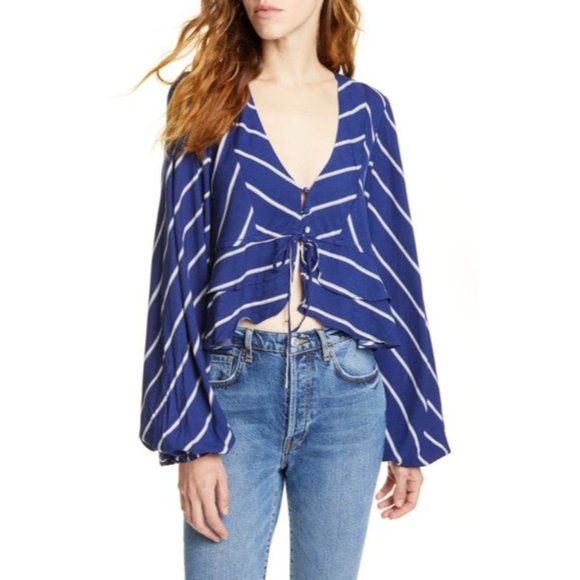 Free People Top Samifran Blue Stripe V Neck Button Long Sleeve - Picture 3 of 12